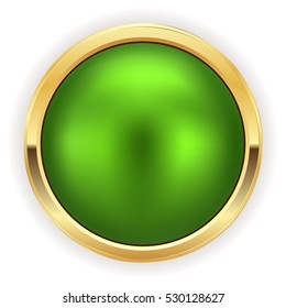 Green christmas button with gold border on white background