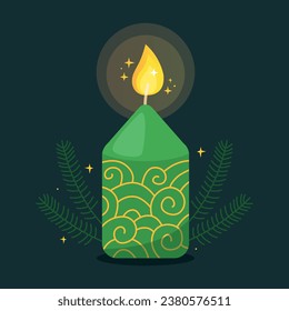 Green Christmas candle with gold ornament. Fir branches and small golden stars. Christmas decor. Aromatherapy and spa decor. Vector illustration.