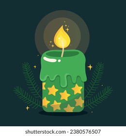 Green Christmas candle with gold stars. Christmas tree branches and small golden stars. New Year's decor. Vector illustration.