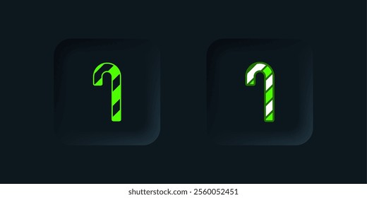 Green Christmas candy cane with stripes icon isolated on black background. Merry Christmas and Happy New Year. Black square button. Vector