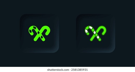 Green Christmas candy cane with stripes icon isolated on black background. Merry Christmas and Happy New Year. Black square button. Vector