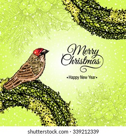 green Christmas card fir wreath with a bird, holly, inscription, vector illustration