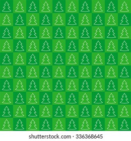 Green Christmas card with green light and dark squares with white contours Christmas trees