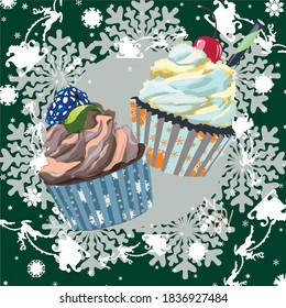 Green Christmas card with muffins (cherry and blackberry) and Santa Claus.