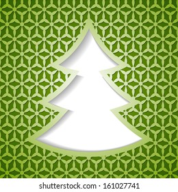 green Christmas card with a pattern and a tree