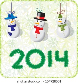 Green Christmas card with snowmen 2014