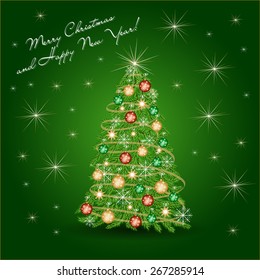 Green christmas card with christmas tree and good wishes