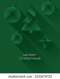 Green Christmas card. Christmas trees and toys in gradient design style.