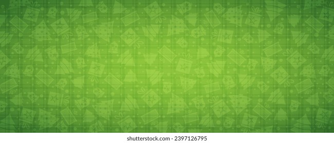 Green Christmas checked  banner with bell, star, snow, tree, gift box. Merry Christmas and Happy New Year greeting banner. Horizontal new year headers, posters, cards, website. Vector illustration