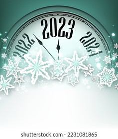 Green Christmas clock showing 2023 with big snowflakes. New year background with space for text.