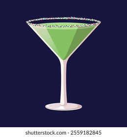 Green Christmas cocktail in martini glass. Vector illustration of festive drink with confetti.