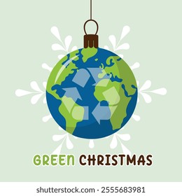 Green Christmas concept, Sustainable holiday poster, hanging decorative bauble with Global Recycling Symbol, vector illustration