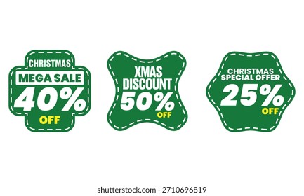 Navidades verdes Vector de etiquetas de descuento. Conjunto de etiquetas cosidas estilo parche (40%, 50%, 25% de descuento).