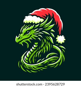 green Christmas dragon wearing Santa hat vector illustration on dark background