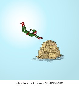 Green Christmas elf diving into a pile of gifts and presents for Christmas concept. Hand drawn vector illustration.