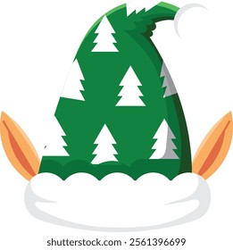 Green christmas elf hat with white christmas trees and orange ears showing holiday spirit, perfect for christmas celebrations and winter festivities