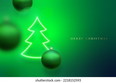 Green Christmas festive background. Hanging glowing neon green christmas tree with balls neon light reflection. Motion blur effect. Modern Xmas banner.