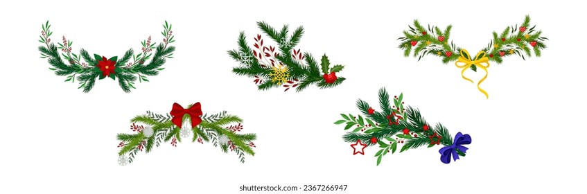 Green Christmas Fir and Pine Branch with Ribbon Bow Vector Set