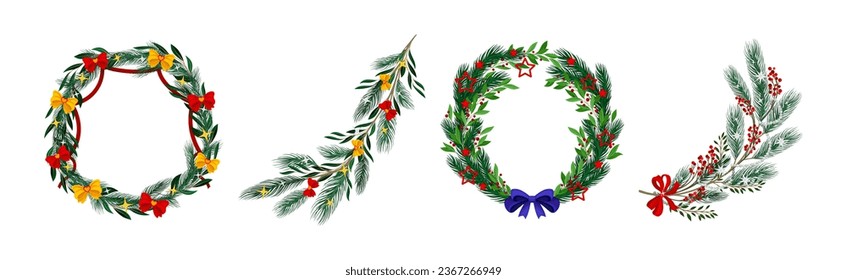 Green Christmas Fir and Pine Wreath and Branch with Ribbon Bow Vector Set