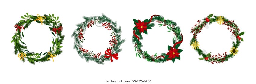 Green Christmas Fir and Pine Wreath with Ribbon Bow Vector Set