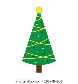 Green Christmas fir tree decorated with colorful balls isolated on white background.