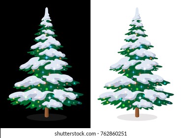 Green Christmas Fir Tree with Snow and Bright Colourful Magic Stars, Holiday Winter Symbol, Isolated on White and Black Background. Eps10, Contains Transparencies. Vector