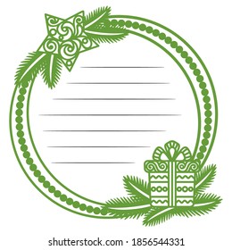 Marco verde de Navidad con líneas de texto en el centro. Plantilla decorativa para saludos festivos, invitaciones, tarjetas. Ramas de árbol de Navidad, estrella de encaje y caja de regalo con arco. Ilustración vectorial.