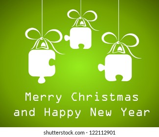 green christmas frame with puzzle christmas balls. christmas card.
