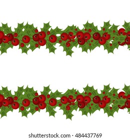 Green Christmas garlands of holly and mistletoe. Horizontal seamless background with Christmas holly. Christmas border seamless pattern holly vector decoration holiday winter background.