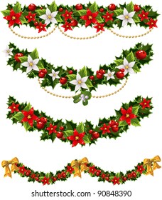 Green Christmas garlands of holly and mistletoe and bow