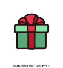 Green Christmas gift box with red bow doodle clipart