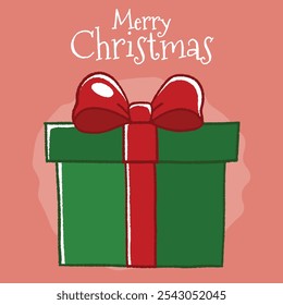 Green Christmas gift box with red ribbon hand drawing vector illustration