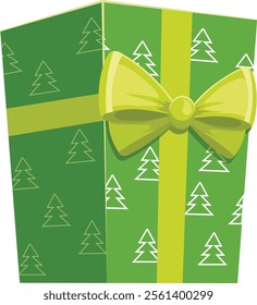 Green Christmas gift decorated with a yellow ribbon and bow and white Christmas trees printed on the wrapping paper, perfect for representing Christmas or winter holidays presents