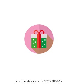 Green Christmas gift in a pink circle.Flat design