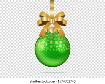 Green christmas glass ball with snowflakes and bow on a transparent background. Isolated colorful xmas decoration. Realistic vector illustration for your business and design. All elements are editable