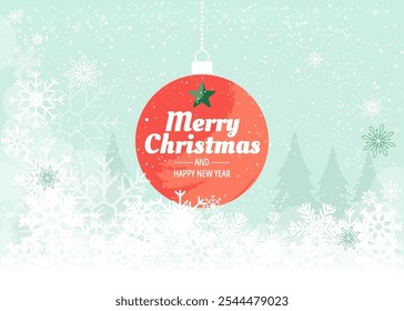 Green Christmas greeting card design with tree bauble and snowflakes. All in separate layers. Vector.