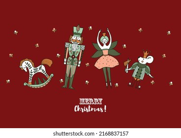 Green Christmas greeting card the Nutcracker. Magic vector illustration. 