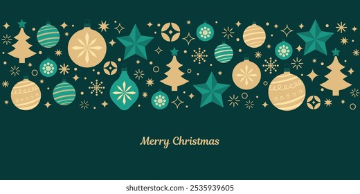 Navidades verdes colgando adornos con estrellas y árboles de Navidad. Patrón sin fisuras de borde Horizontal. Todos en capas y agrupados. Vector.