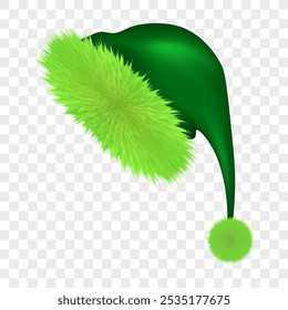Green Christmas hat, furry winter accessory, vector illustration.
