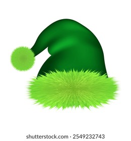 Green Christmas hat, furry winter accessory, vector illustration.