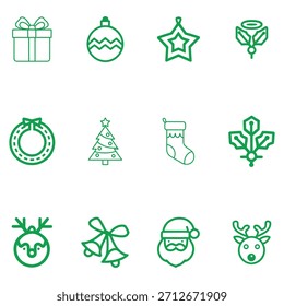 Conjunto de Vector de iconos de Navidades verdes Colección de arte de línea Festiva