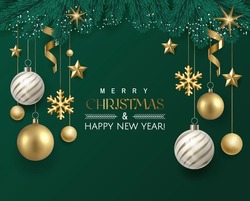 Green Christmas Illustration Greeting Card Design With Christmas Trees And Stars And Gold And Silver Christmas Balls. Merry Christmas Written In Gold