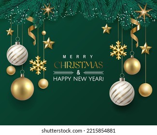 Green Christmas illustration greeting card design with Christmas trees and stars and gold and silver Christmas balls. Merry Christmas written in gold