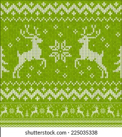 Green Christmas knit with deers vector seamless pattern