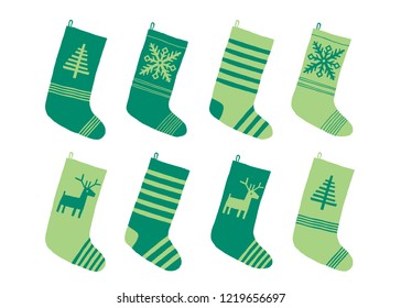Green christmas knitted stocking. Christmas socks set. Holiday collection. Cartoon New Year vector eps 10 illustration isolated on white background in a flat style