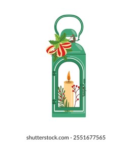 Green Christmas lantern with candle, greenery, and festive bow illustration