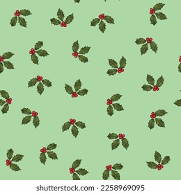 green Christmas leaf hand drawn. seamless pattern on a green background