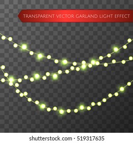 Green christmas lights isolated realistic design elements. Glowing lights for Xmas Holiday greeting card design. Garlands, Christmas party decorations.  Beautiful light background. Vector  