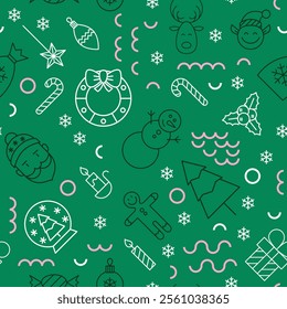 Green Christmas Line Seamless Pattern. Vector Illustration of Outline and Linear Style. Happy New Year Texture. Winter Holiday Background.