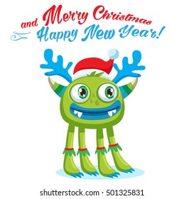 Green Christmas Monster Vector Card. Holiday Cartoon Mascot. Merry Christmas, Happy New Year Congratulation Decoration Design Element. Good For Xmas Card, Banner.